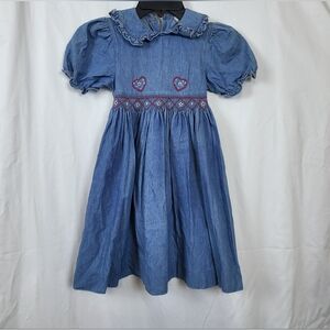 M.C Collection Girl Embroidered Puff Sleeve Blue Denim Ruffle Dress Sz 5 Vintage